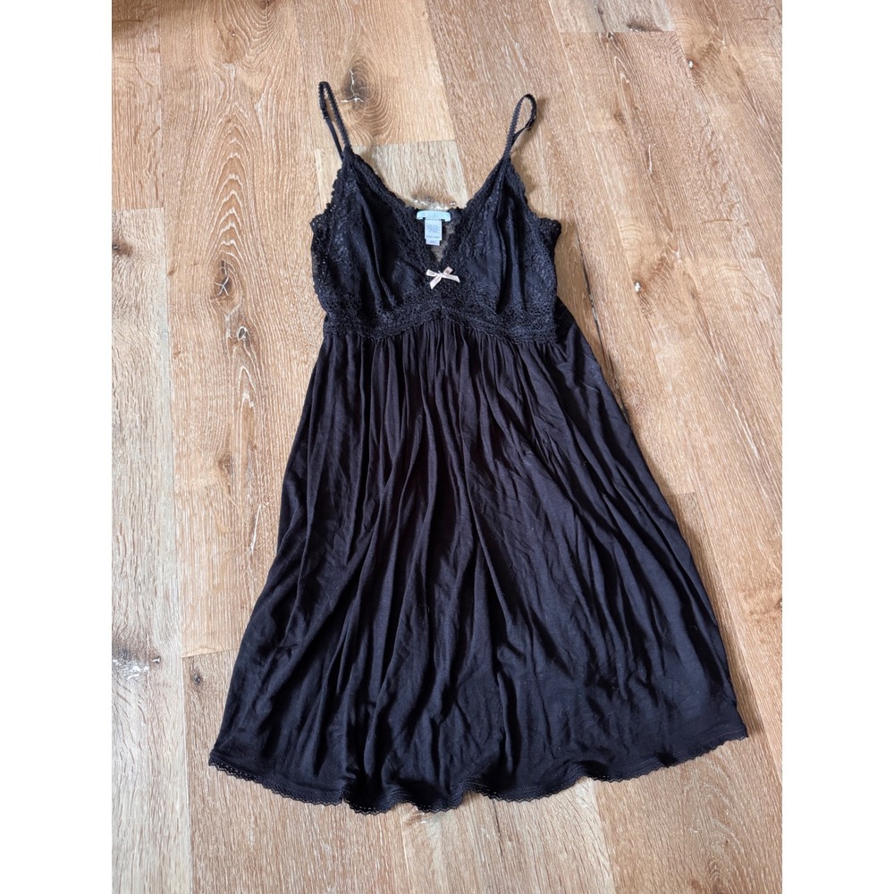Eberjey Black Lace Bodice Chemise Nightgown Bow Size M